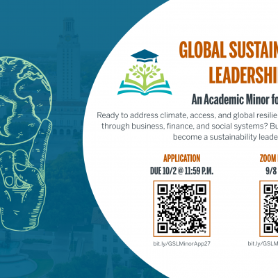 Image of hook em symbol with a world on top and GSLI Minor info session dates
